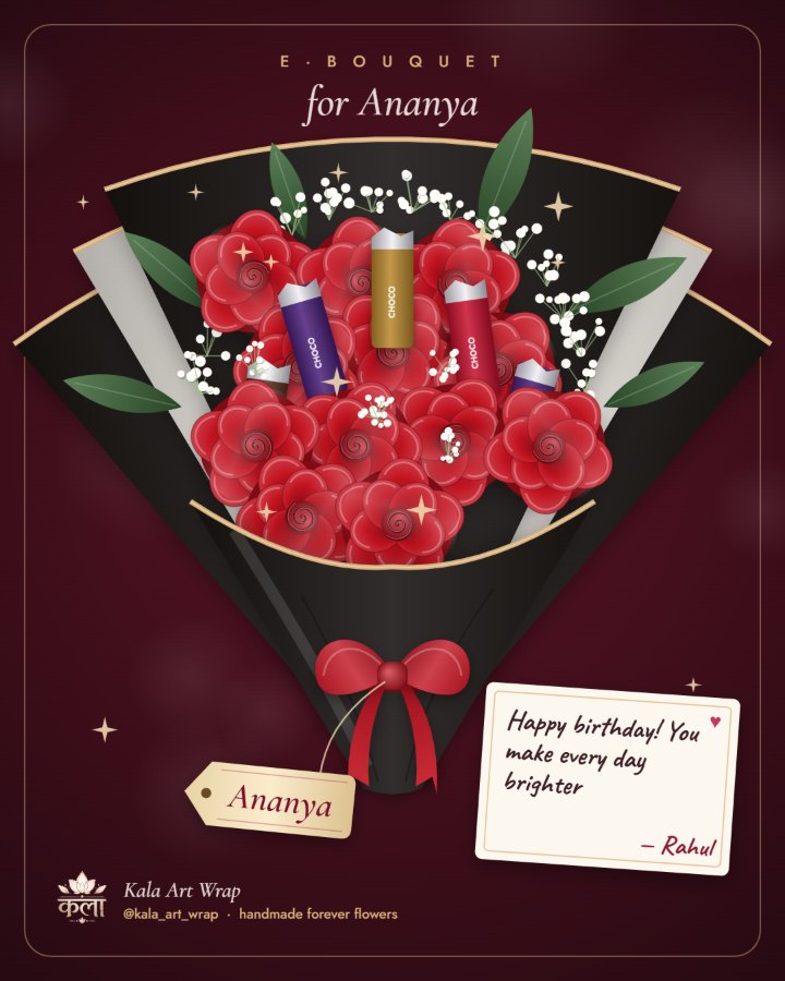 Sample E-bouquet: red satin roses in black wrap with a note