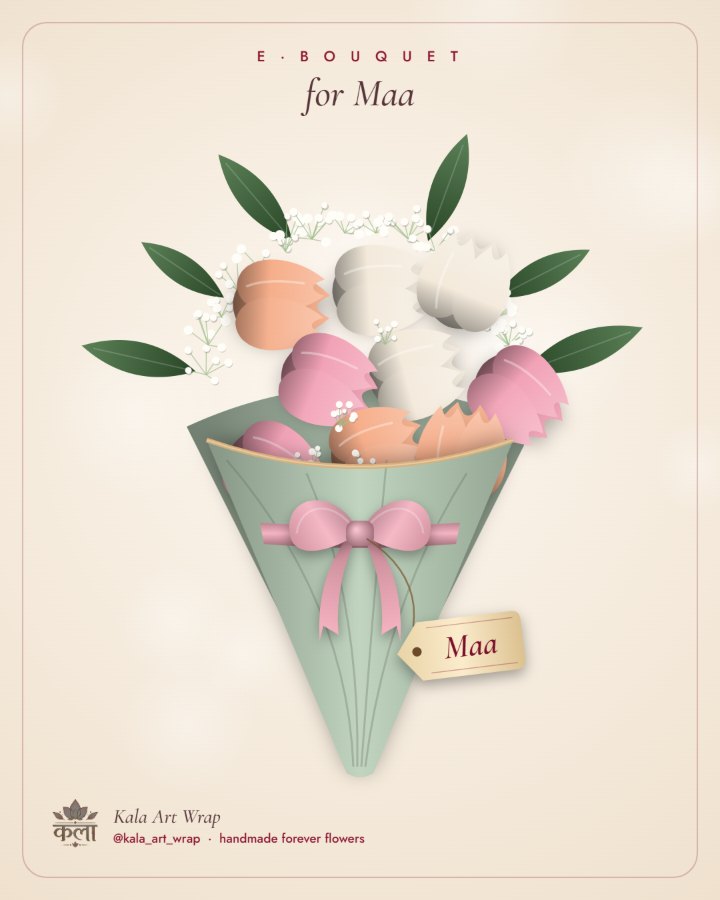 Sample E-bouquet: peach and blush tulips in a sage cone